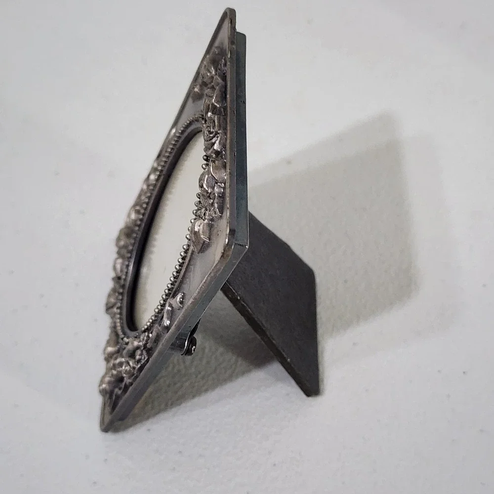 Vintage Ornate Pewter Tone Miniature Rose Picture Frame Oval Opening 3.25x2.5